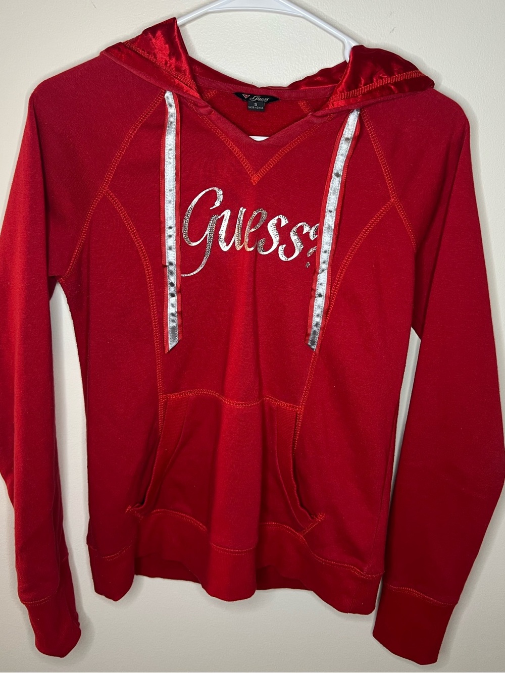 GUESS Red Silver Sequin Logo Hoodie for Women